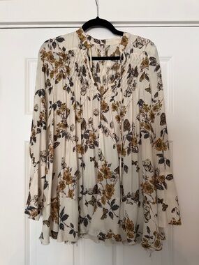Free People Cream Floral Tie Peasant Tunic XS